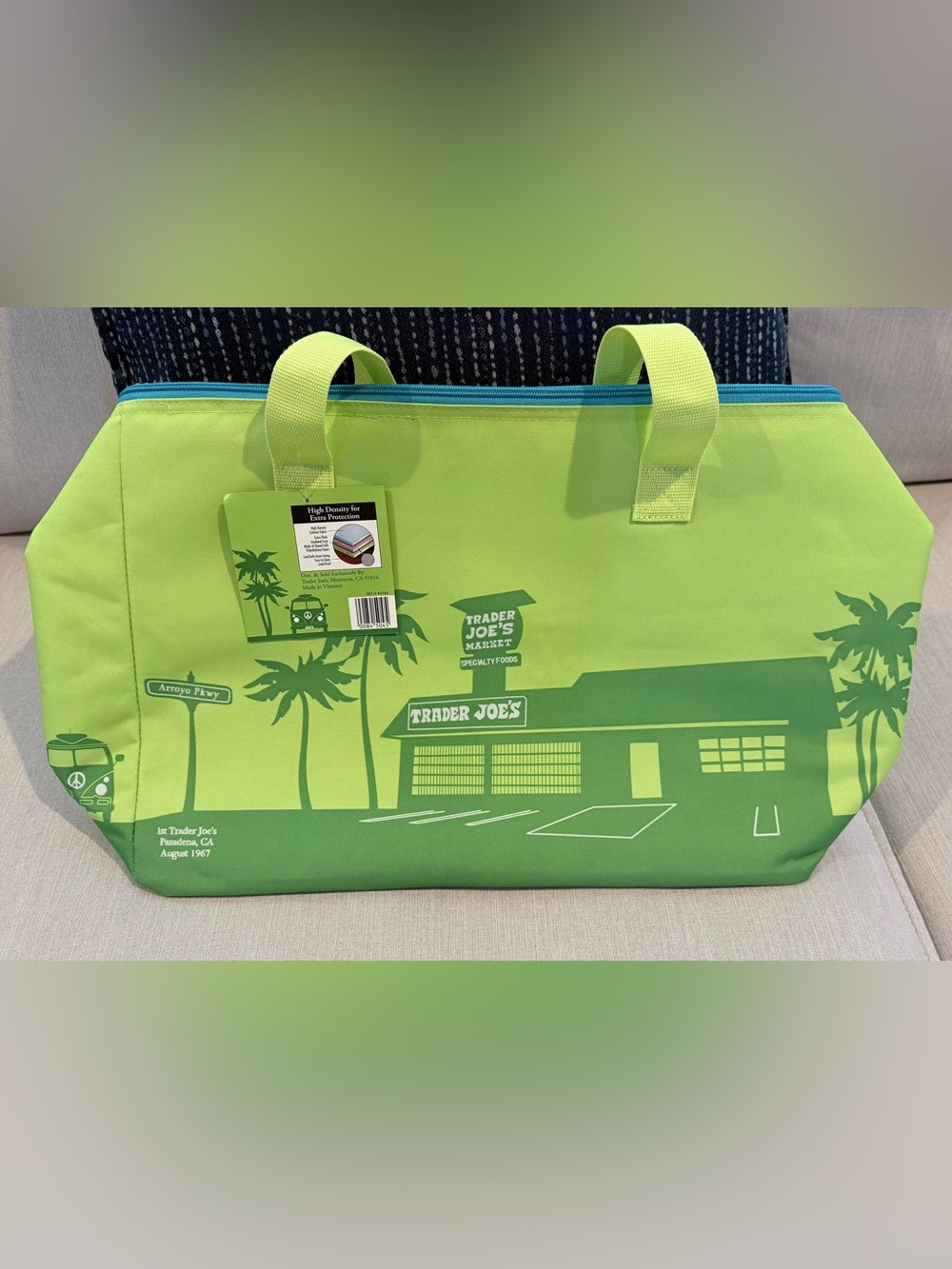 Trader Joe's Lime Green Market Tote with Blue Zipper